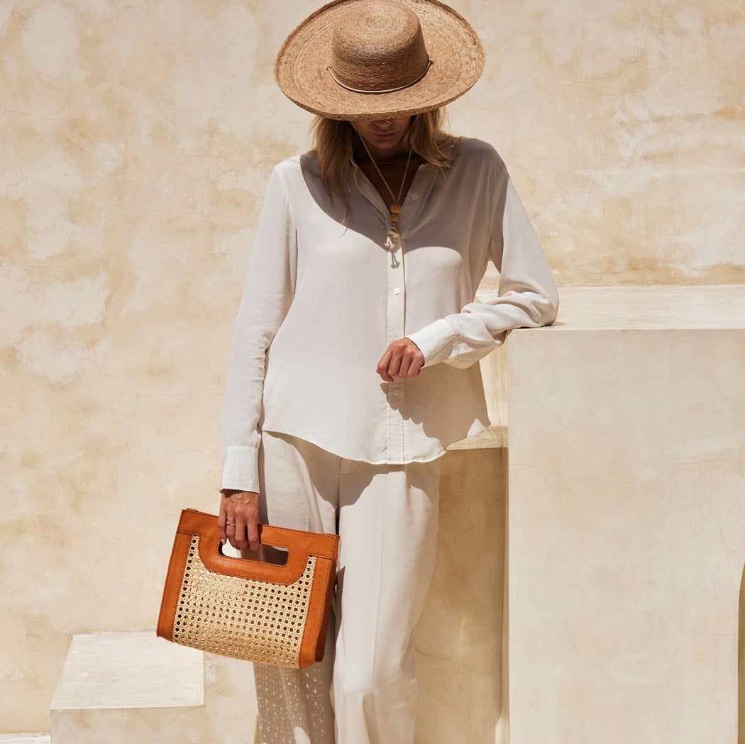 Rattan Cane + Leather Clutch