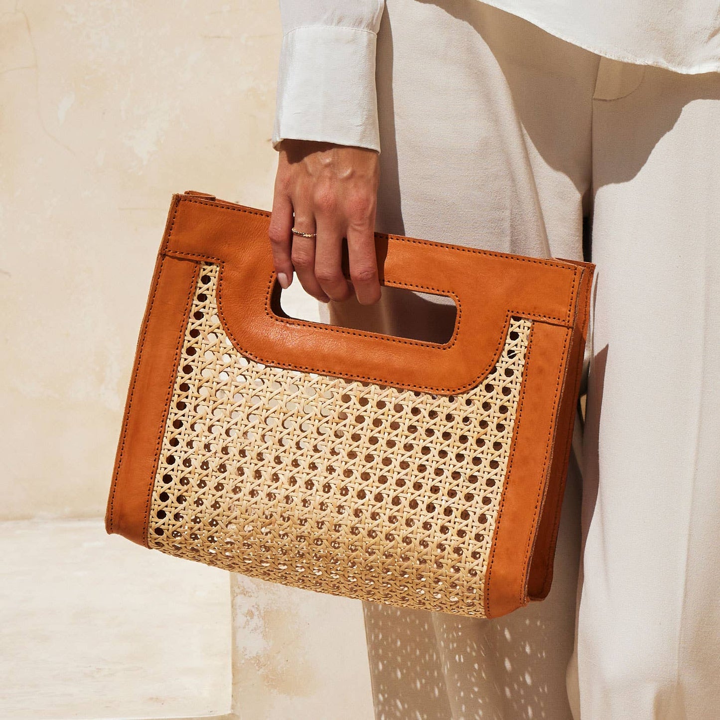 Rattan Cane + Leather Clutch