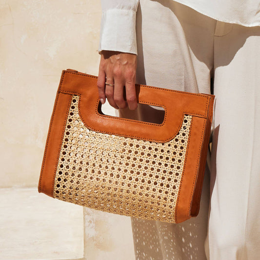 Rattan Cane + Leather Clutch